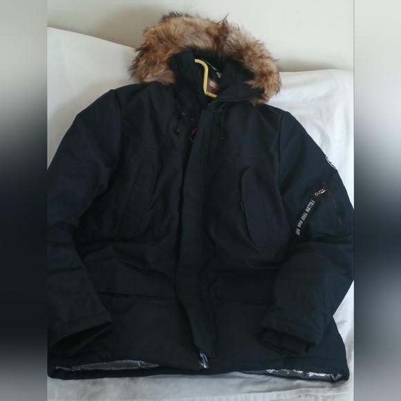 Molemsx Mountain Pioneers Men's Navy Puffer Jacket/Coat Fur Trim Winter Y2K Snow